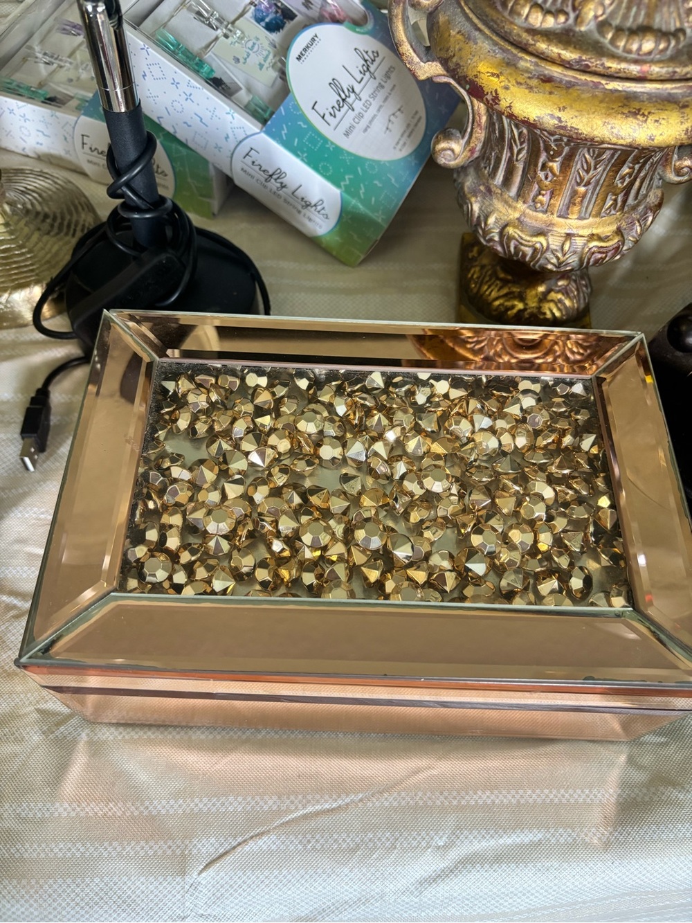 Rose Gold Jeweled Glass Jewelry Box